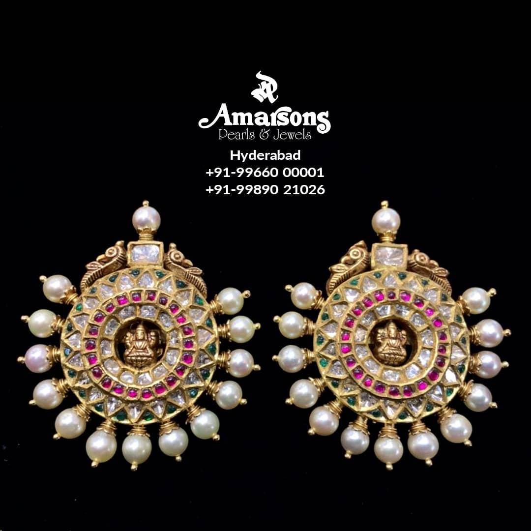  Goddess Lakshmi Gold Earrings 916 Hallmark Jewellery from Amarsons  Pearls and Jewels  ama  Silver jewellery indian Gold earrings  designs Big stud earrings