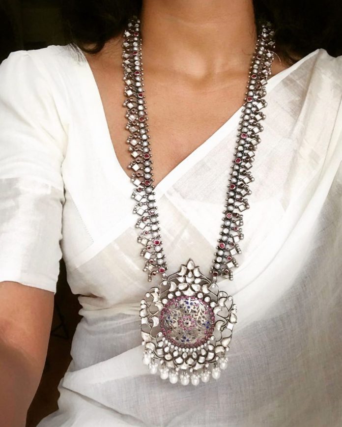 Silver and Kundan Long Necklace - South India Jewels
