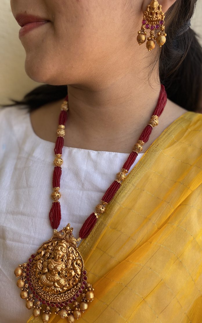 Mid Length Temple Haram and Earrings - South India Jewels