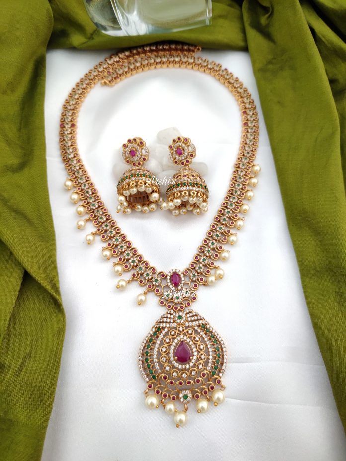 Buy 1 gram Gold Net Pattern Leaf Design Emerald Stone Necklace for Wedding