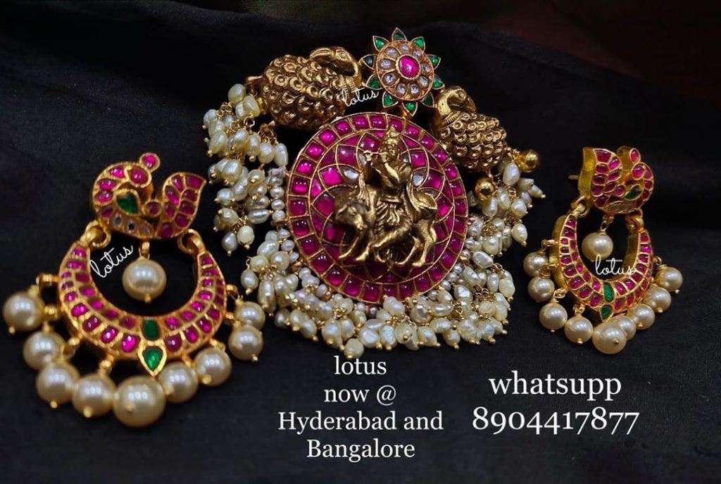 Gold Plated Pure Silver Matching Pendant and Earrings - South India Jewels