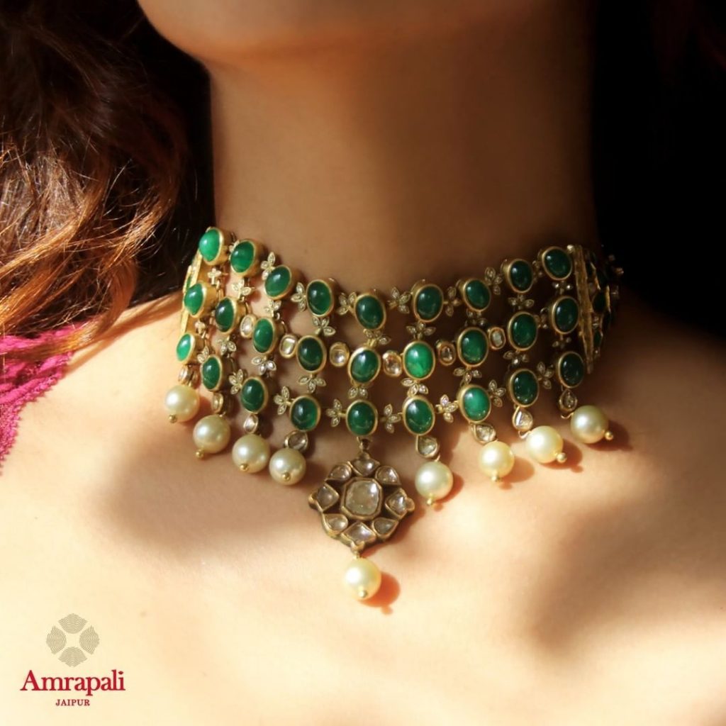 Luxury Emerald And Pearls Choker Necklace South India Jewels 3920