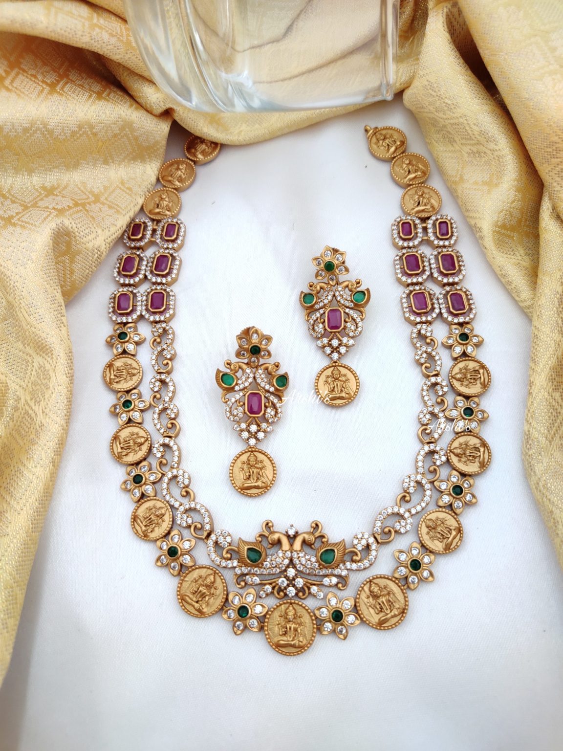 Antique Matt Finish AD Peacock Necklace - South India Jewels
