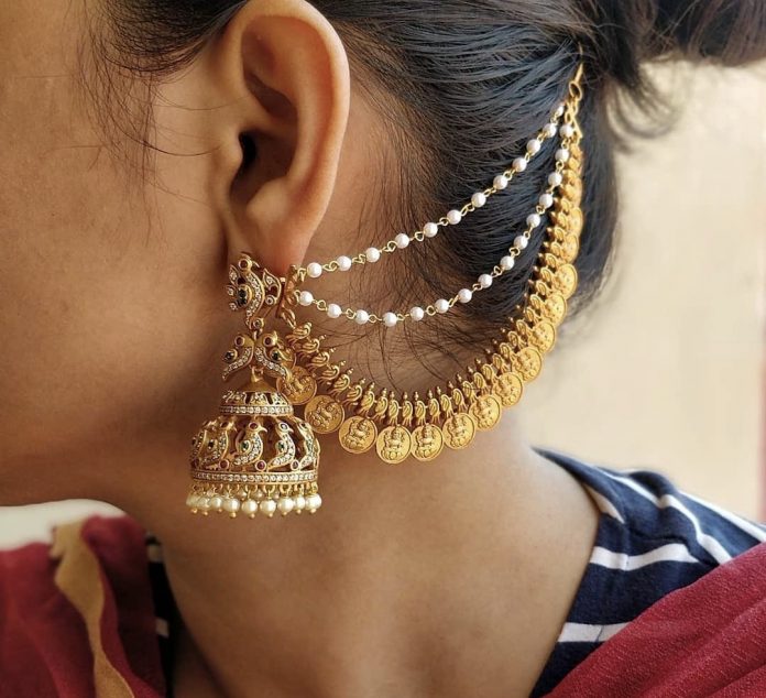 Designer Jhumkas With Lakshmi Coin Earchain - South India Jewels