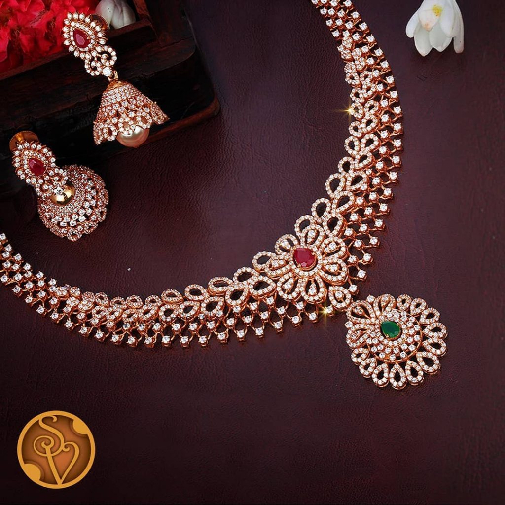 White Stone Necklace Set - South India Jewels