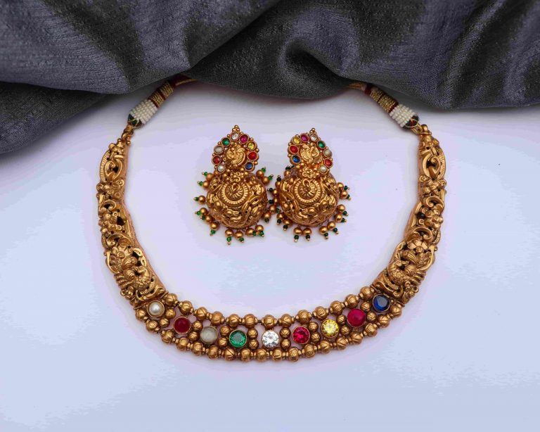 Gorgeous Matte Finish Navarathna Stone Necklace - South India Jewels