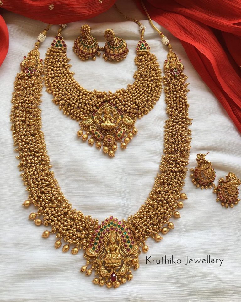 Golden Cluster Beads Temple Bridal Set - South India Jewels