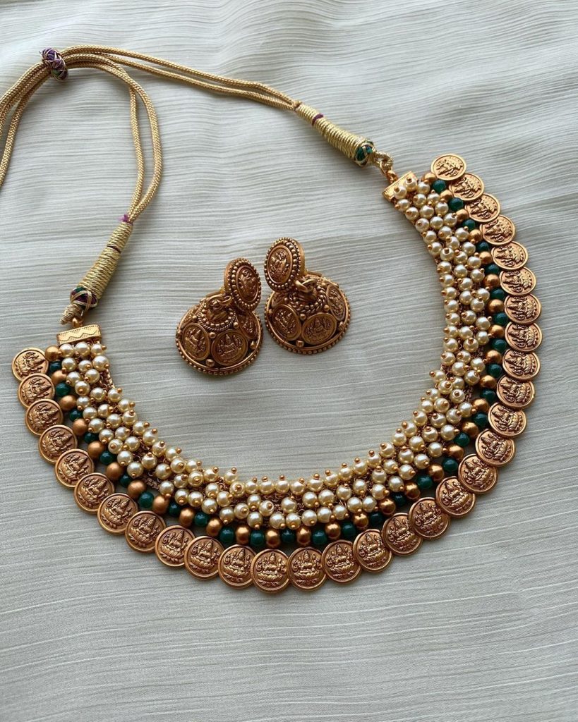 Guttaspusalu Pearl Lakshmi Coin Necklace and Jhumkas - South India Jewels