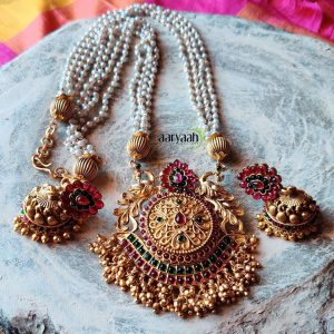 Matte Gold Alike Polish Kemp Pendant Pearl Mala - South India Jewels