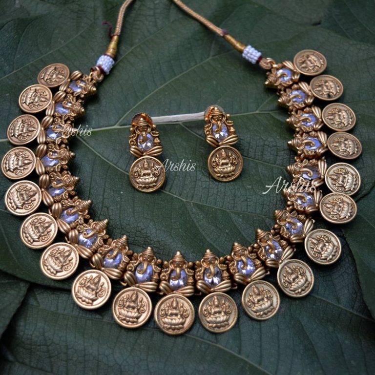 semi-precious-AD-matte-ganehsa-lakshmi-coin-necklace