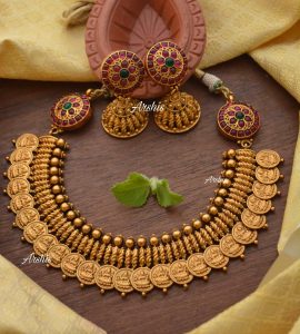 Antique Lakshmi Coin Necklace and Jhumkas - South India Jewels