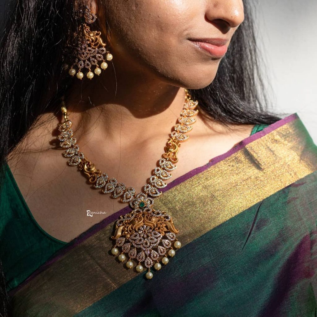 Gold Paisley Stone Necklace Set - South India Jewels