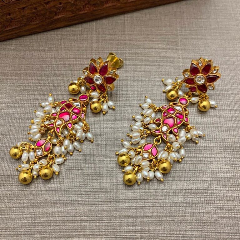 Gold Plated Silver Kundan Fish Design Earrings - South India Jewels