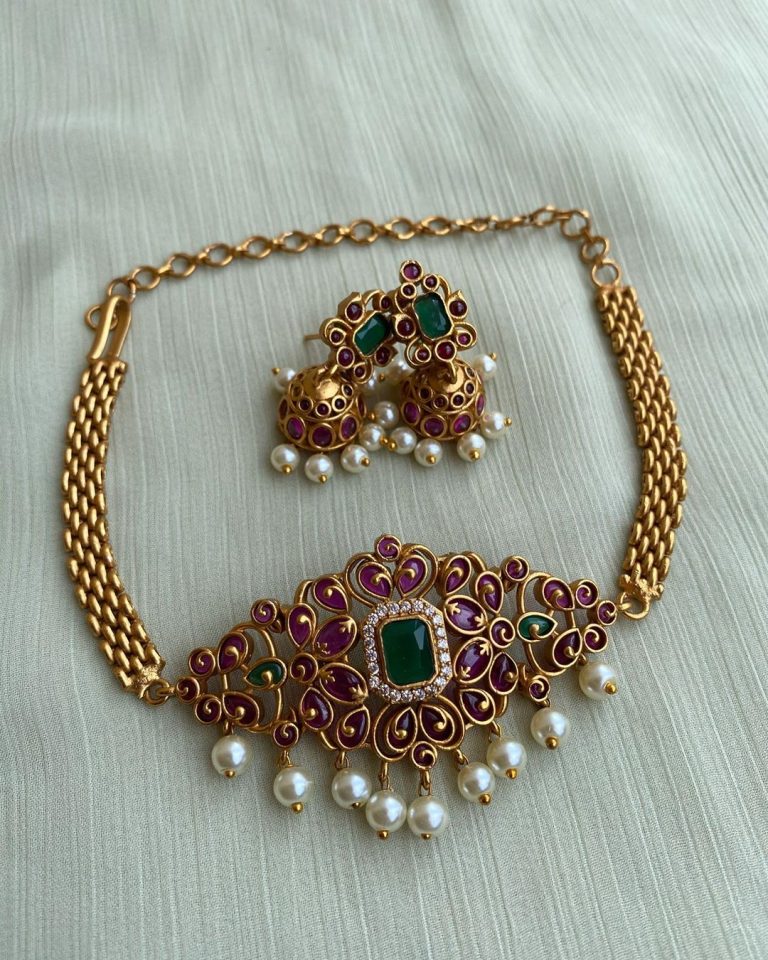 Kemp Choker Necklace With Jhumkas - South India Jewels