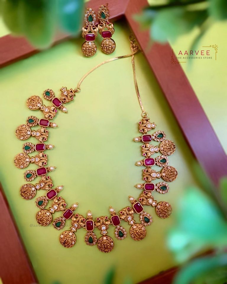 Matte Gold Finish Ram Parivar Coin Necklace Set - South India Jewels