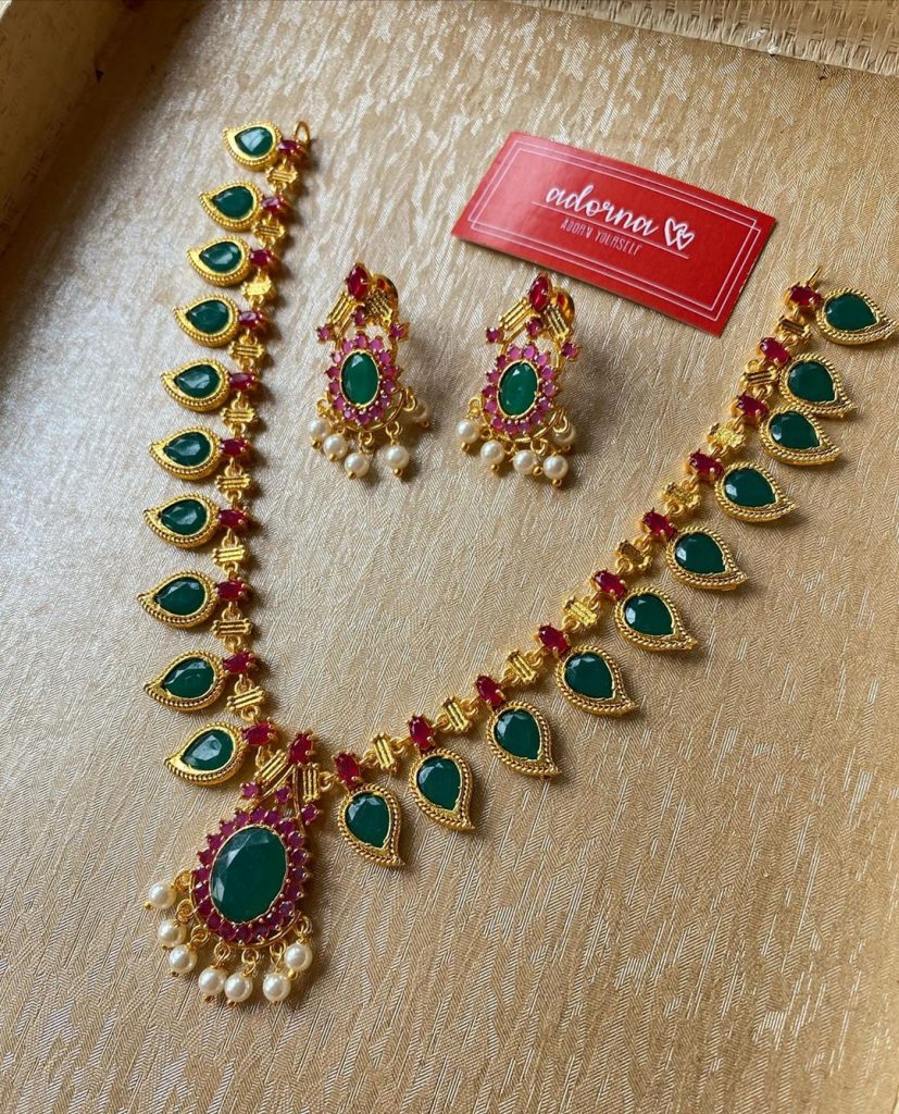Red And Green Gold Finish Necklace Set - South India Jewels