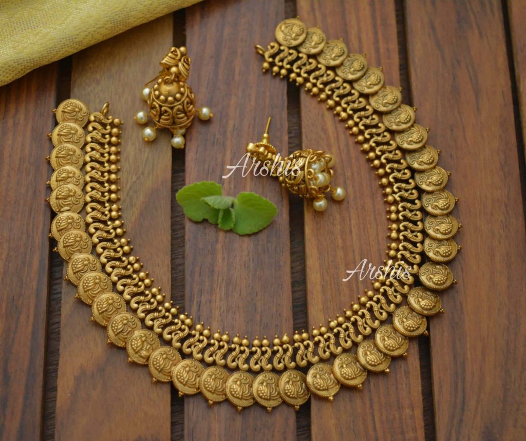 Antique Peacock Coin Matte Necklace - South India Jewels