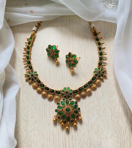 Green Flower Necklace Set - South India Jewels