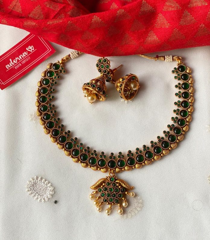 Green Stone Studded Matte Gold Necklace Set - South India Jewels