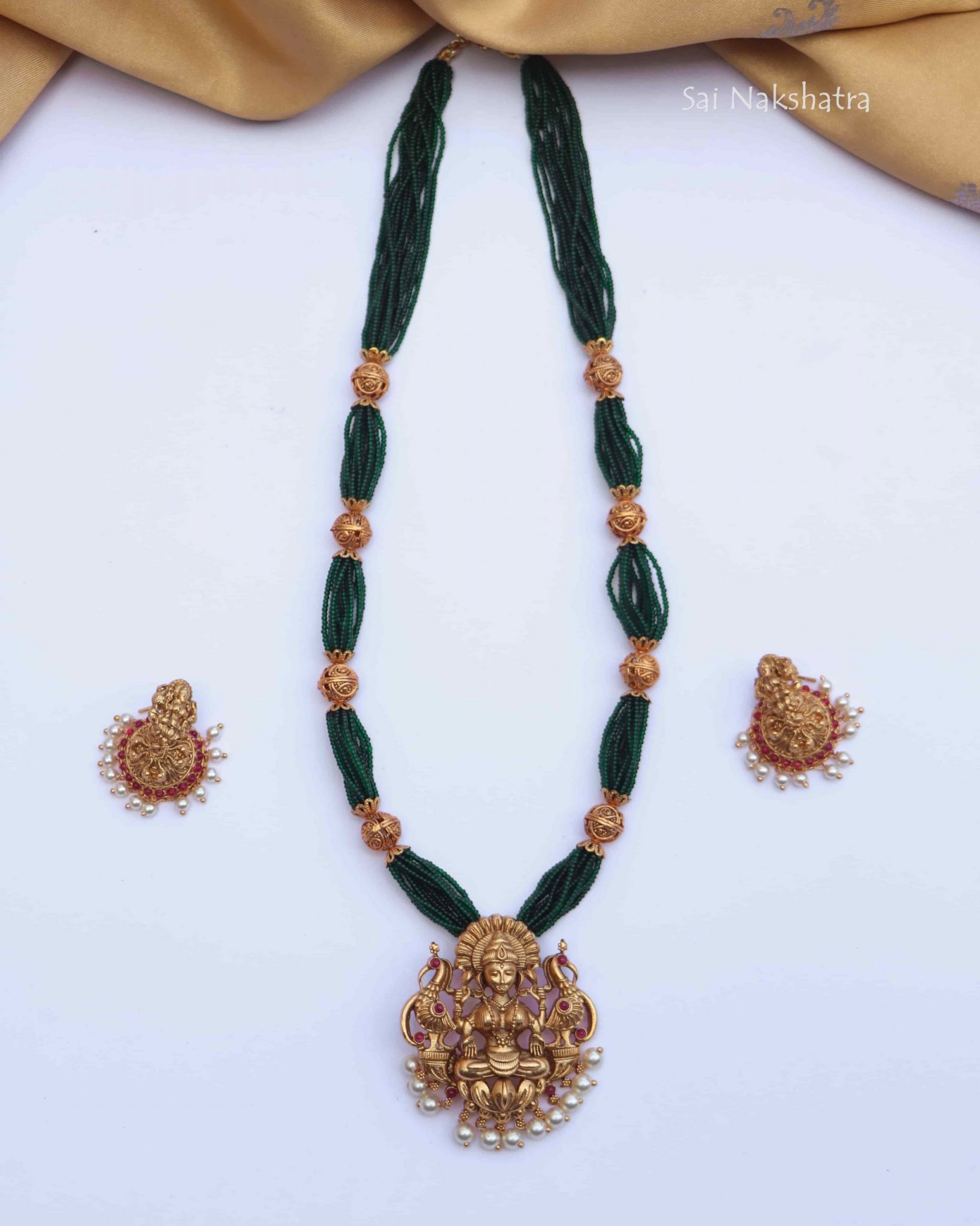 Small Beads Lakshmi Pendant Long Necklace South India Jewels