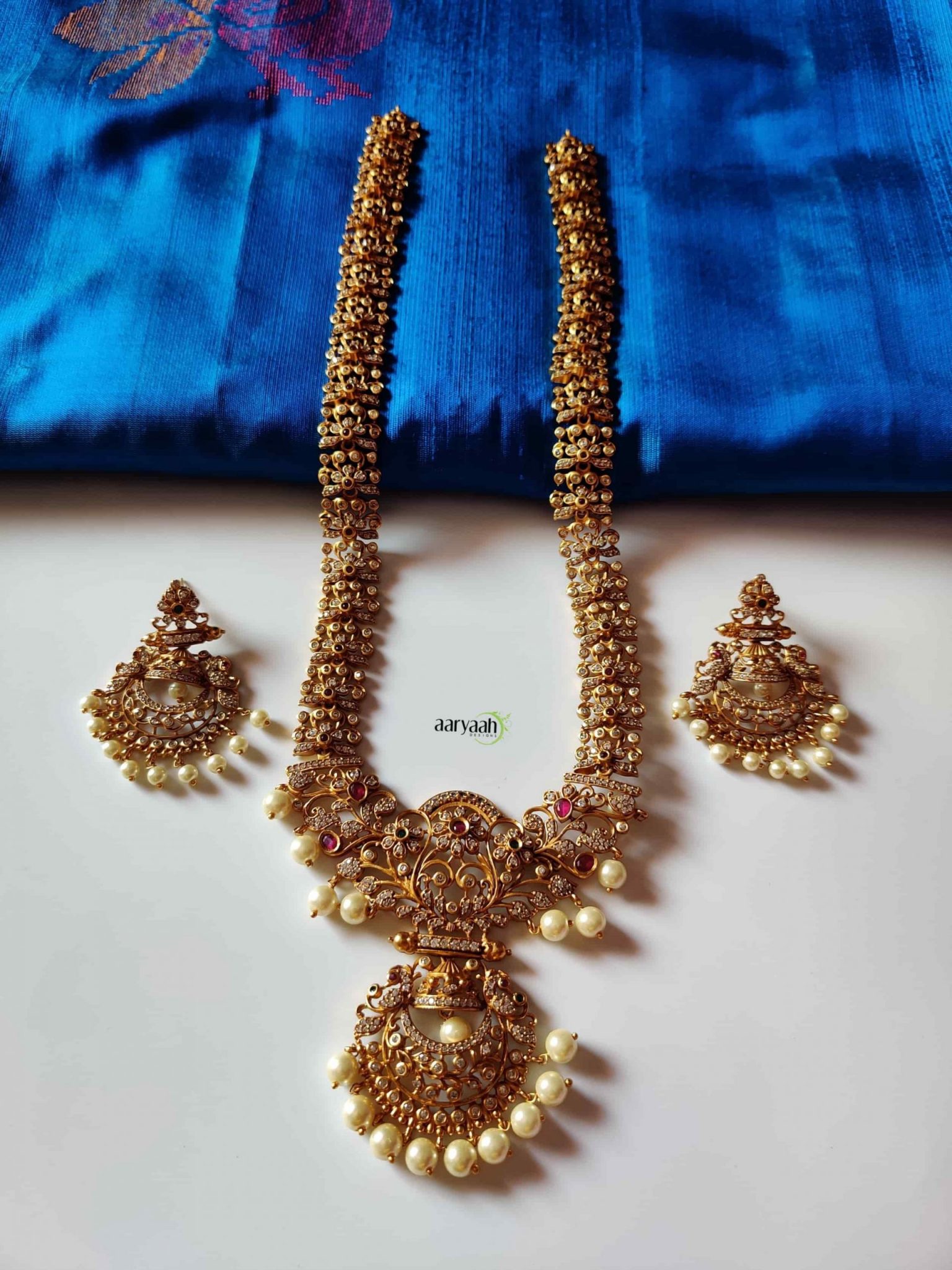 Beautiful Flower Design Long Haram Set - South India Jewels