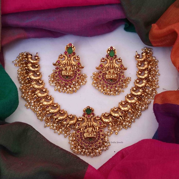 Grand Lakshmi And Peacock Design Necklace - South India Jewels