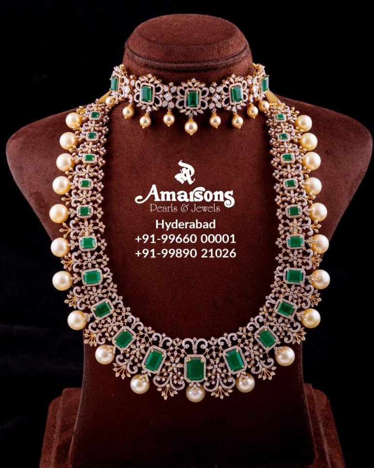 emerald-studded-diamond-choker-long-necklace