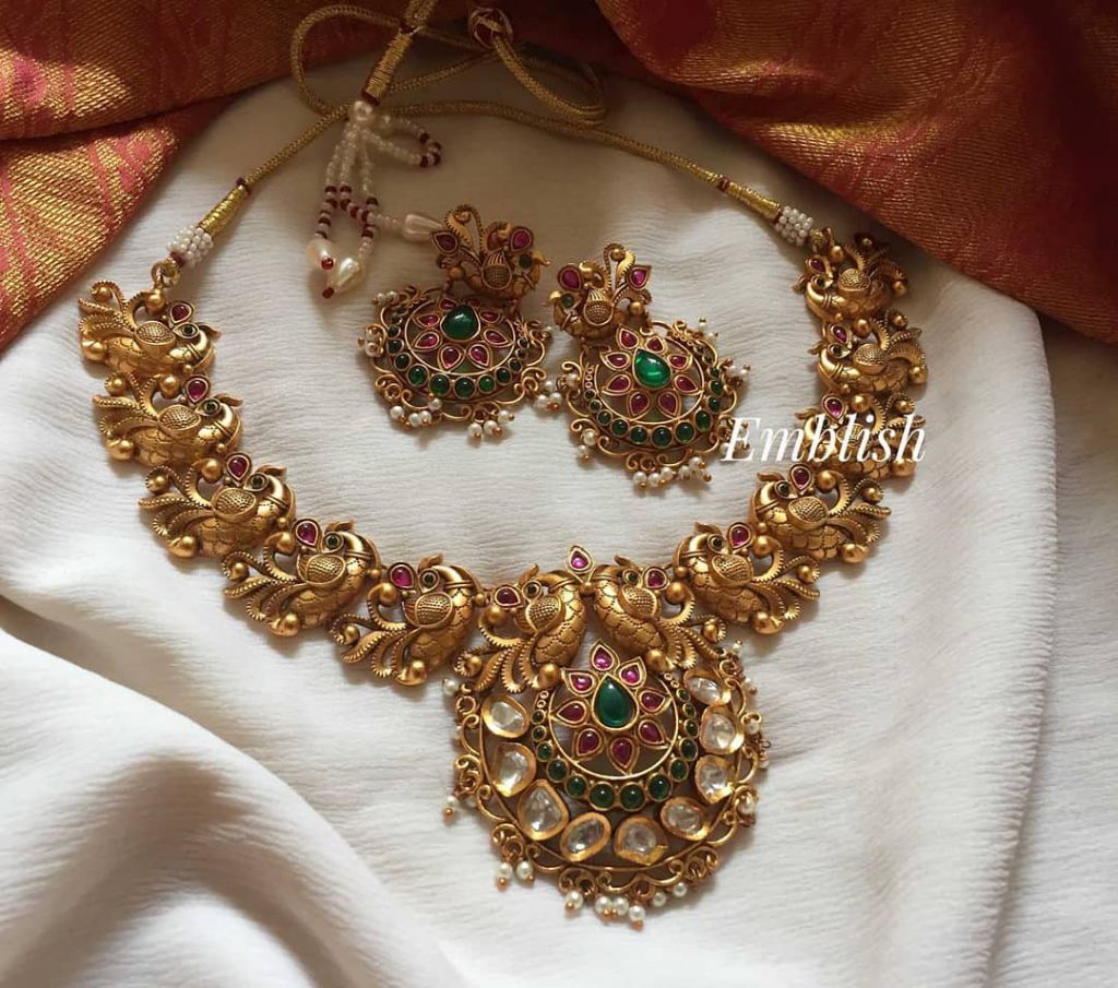 Gold Alike Peacock Ruby Green Necklace Set - South India Jewels