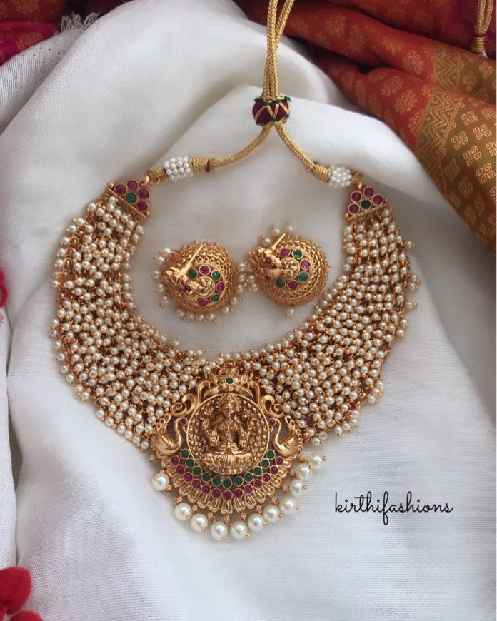 Traditional Cluster Pearl Temple Necklace Set - South India Jewels