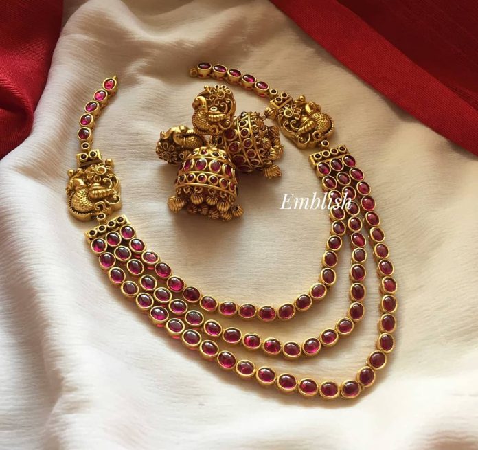 Triple Layer Peacock Motif Kemp Set - South India Jewels