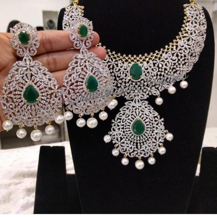 Diamond Finish Necklace Set - South India Jewels