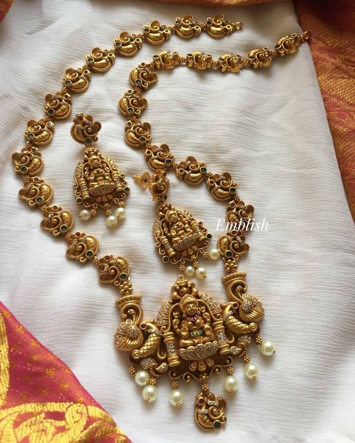 Gold Alike Lakshmi Peacock Necklace Set - South India Jewels
