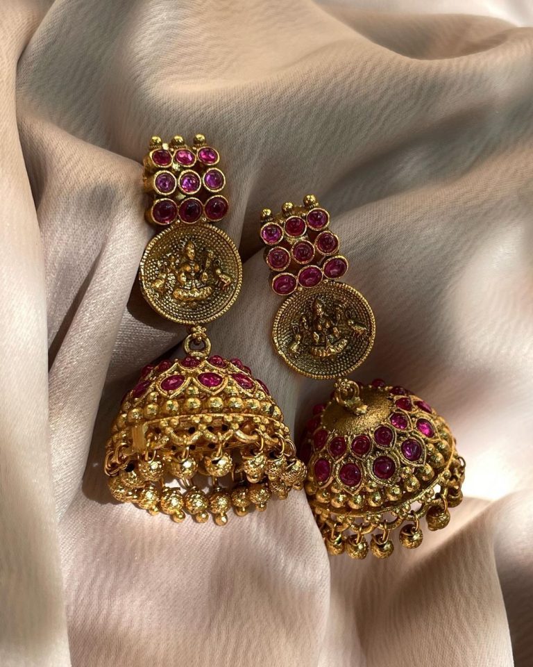 Antique Ruby Lakshmi Temple Jhumkas - South India Jewels