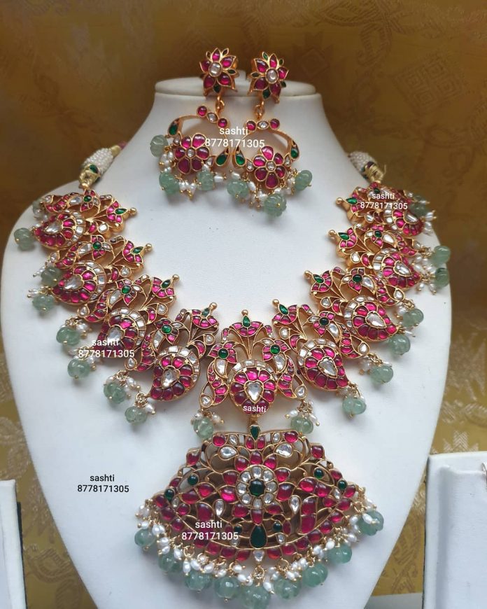 Silver Kundan Necklace Set South India Jewels 8615