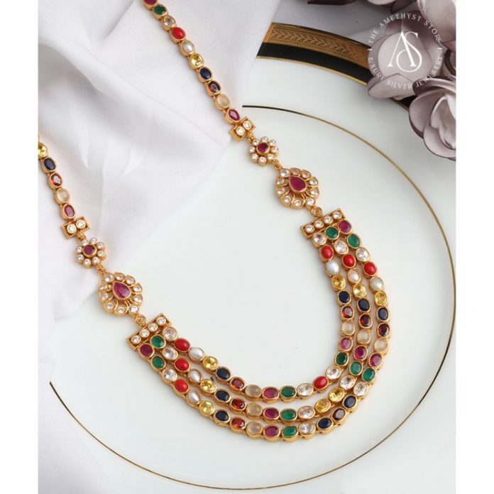 Three Layer Gold Plated Silver Necklace - South India Jewels