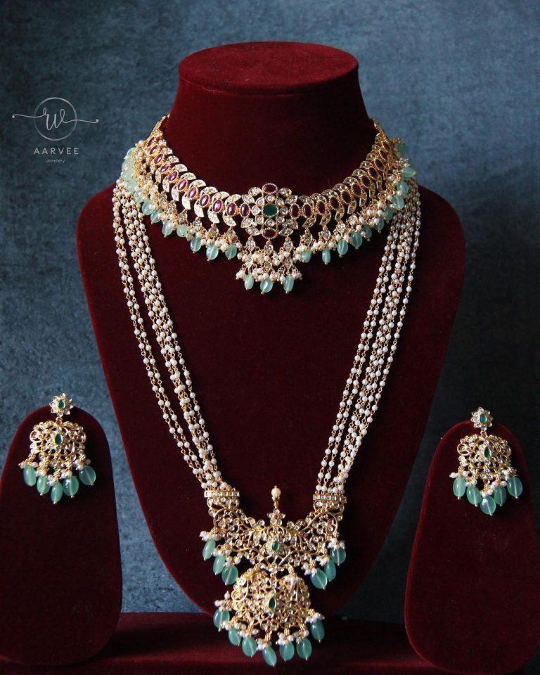 stone-studded-choker-with-teal-beads-long-chain set