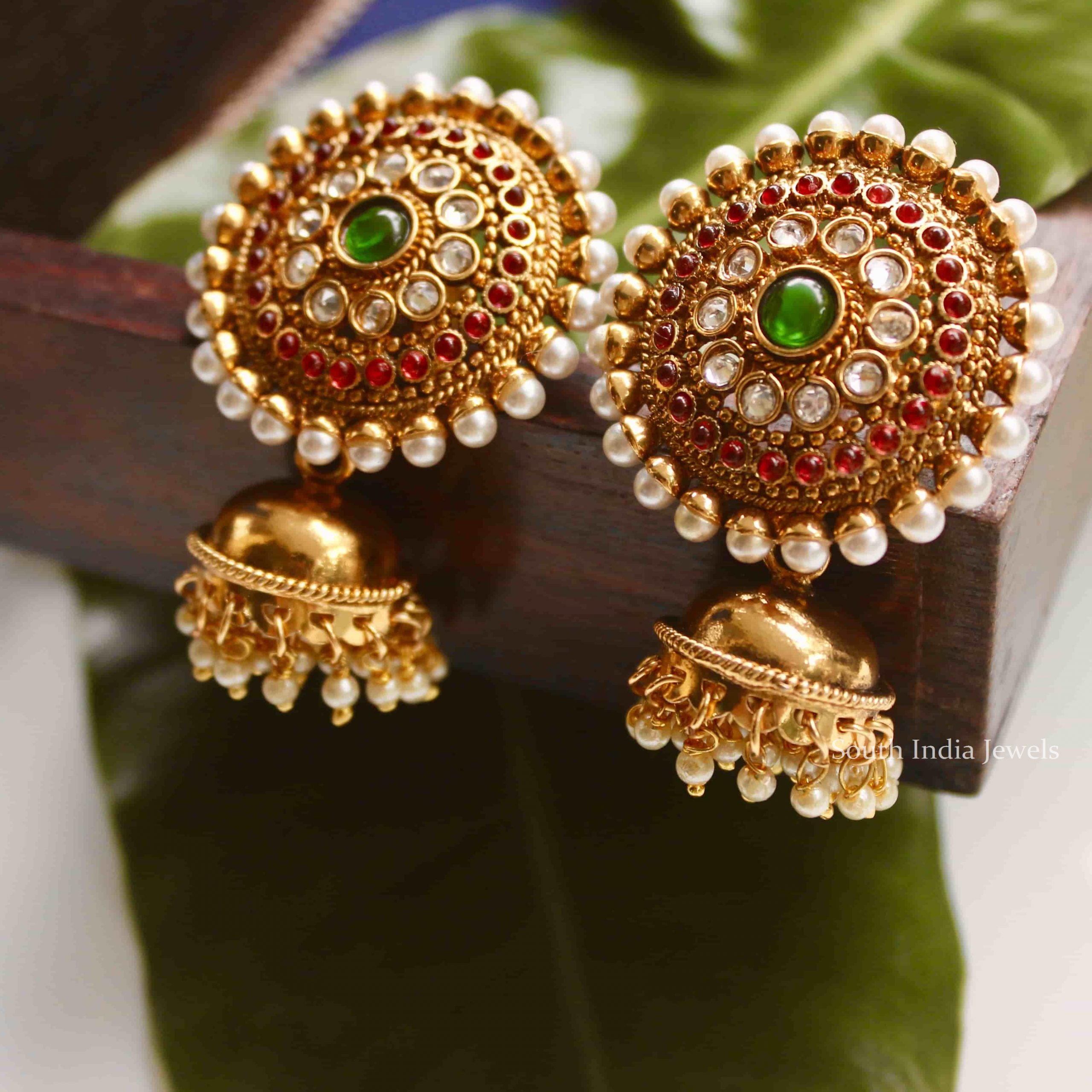 Matte Finish Peacock Design Pearl Jhumka  South India Jewels  Bridal gold jewellery  designs Gold earrings designs Gold jewellery design necklaces