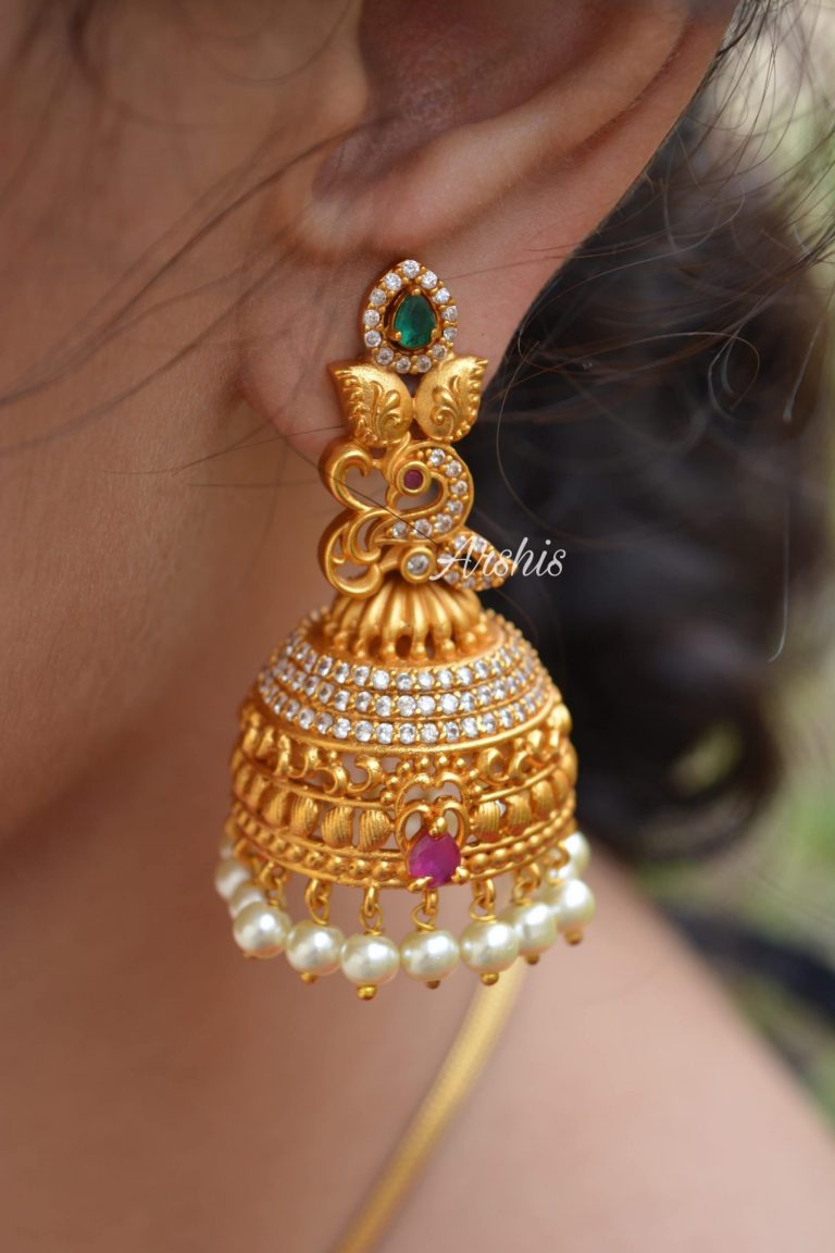 Matte Finish Peacock Design Pearl Jhumka By South India Jewels!
