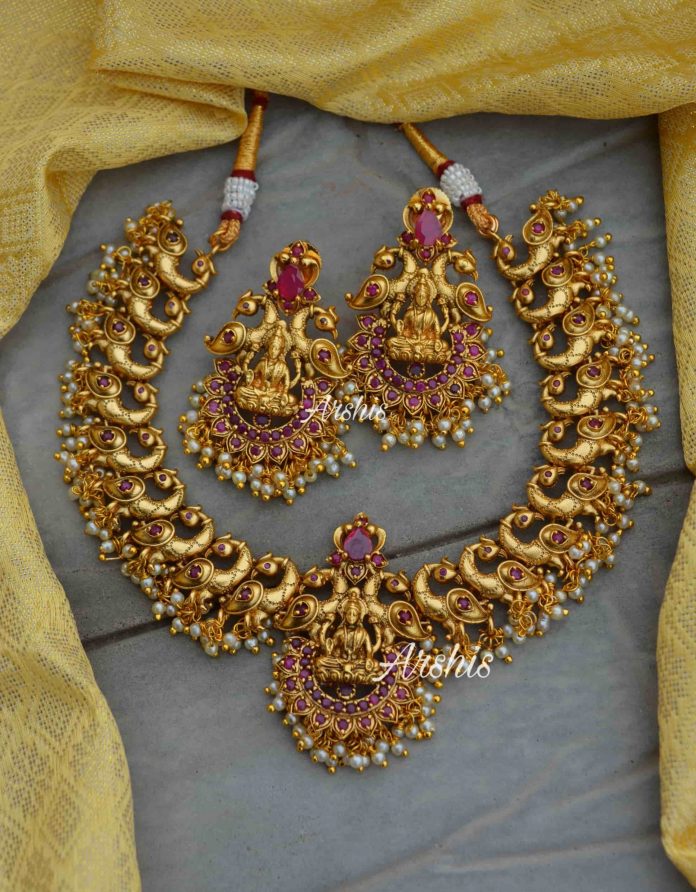 Kemp Stone Peacock Design Lakshmi Pendant Necklace By South India Jewels!